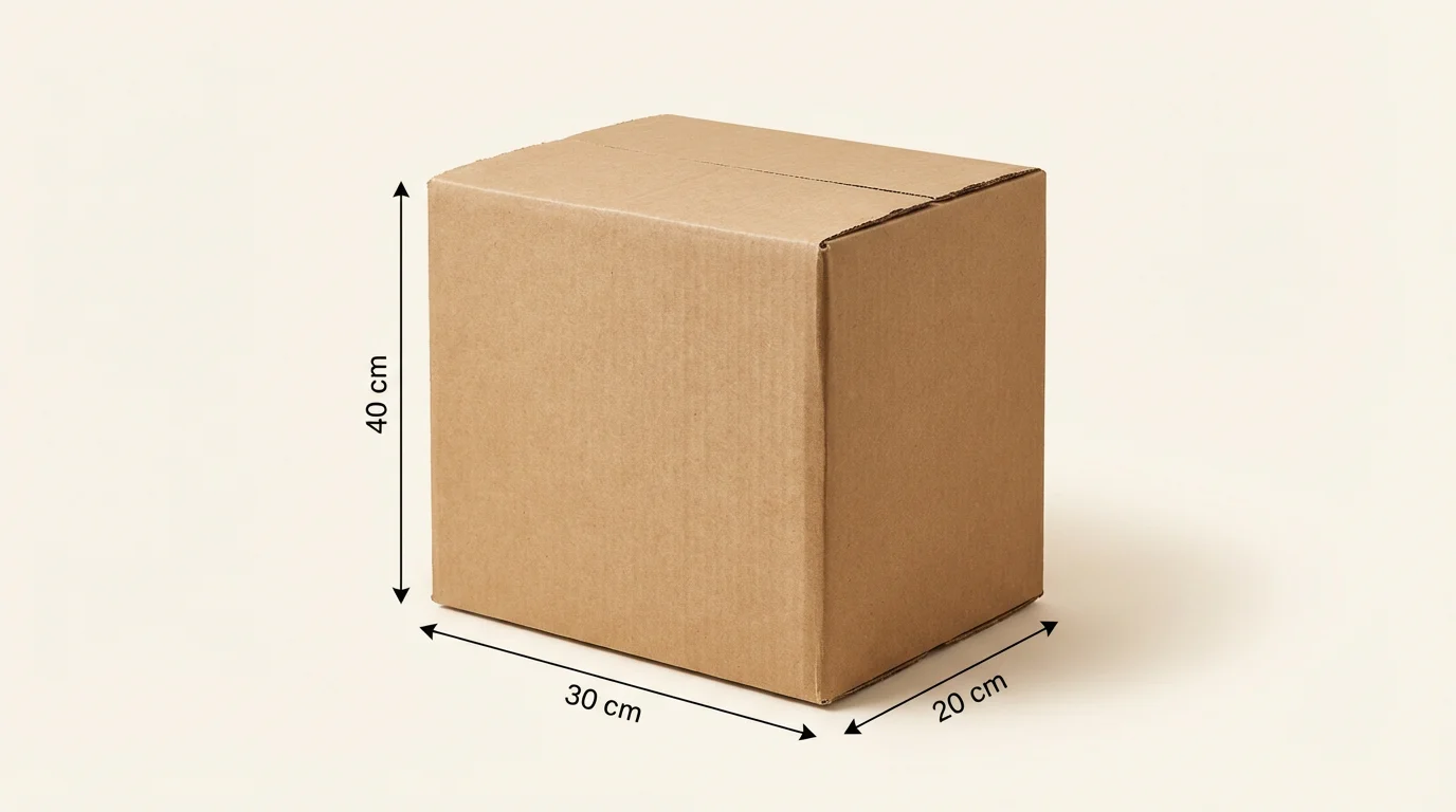 Standard cardboard shipping box dimensions: 40 x 30 x 20 cm