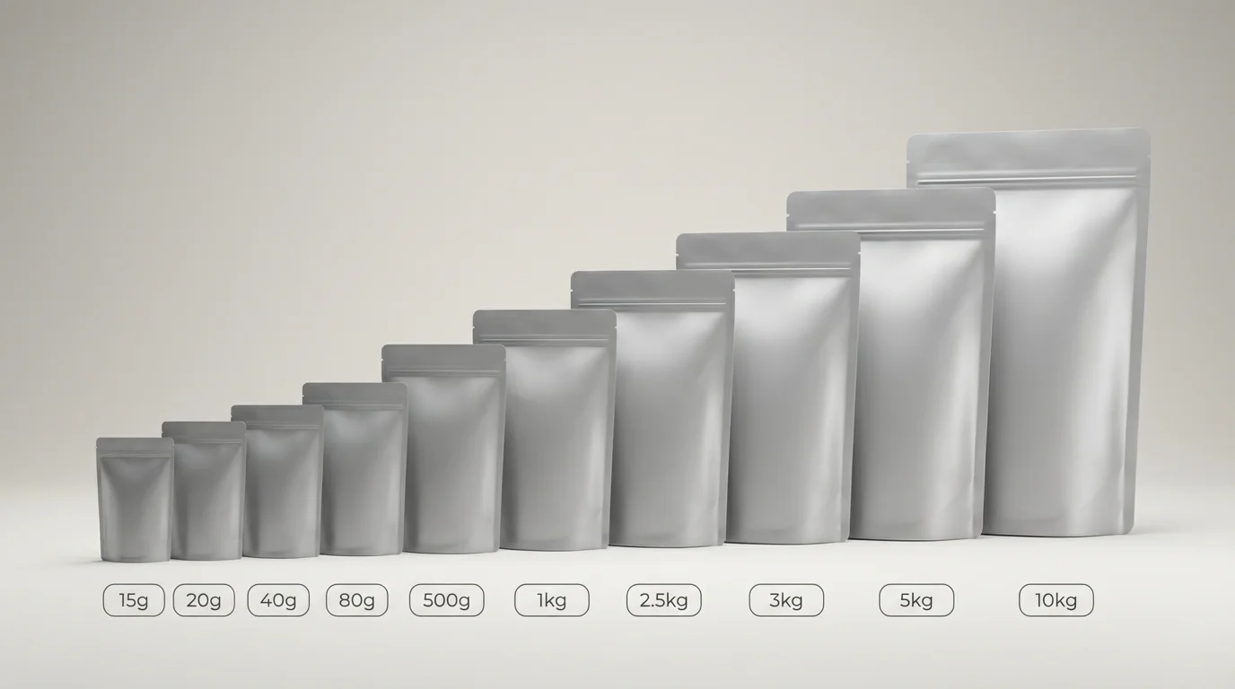 Freeze-dried packaging sizes: 15g, 20g, 40g, 80g, 500g, 1kg, 2.5kg, 3kg, 5kg, 10kg doypacks