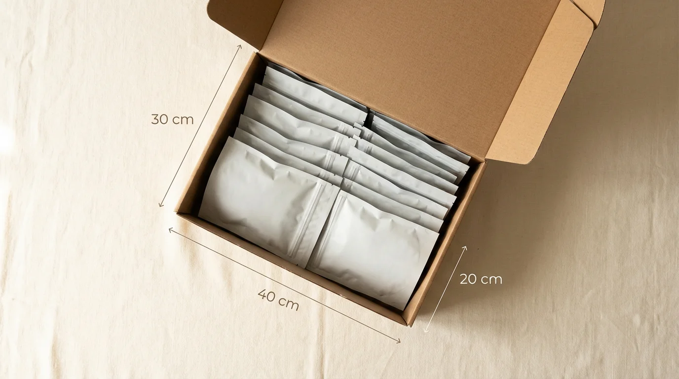 Open cardboard shipping box 40 x 30 x 20 cm with freeze-dried pouches inside