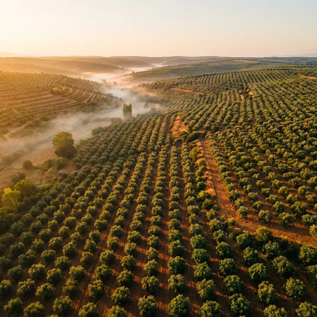 Turkish fruit orchards at golden hour, aerial view