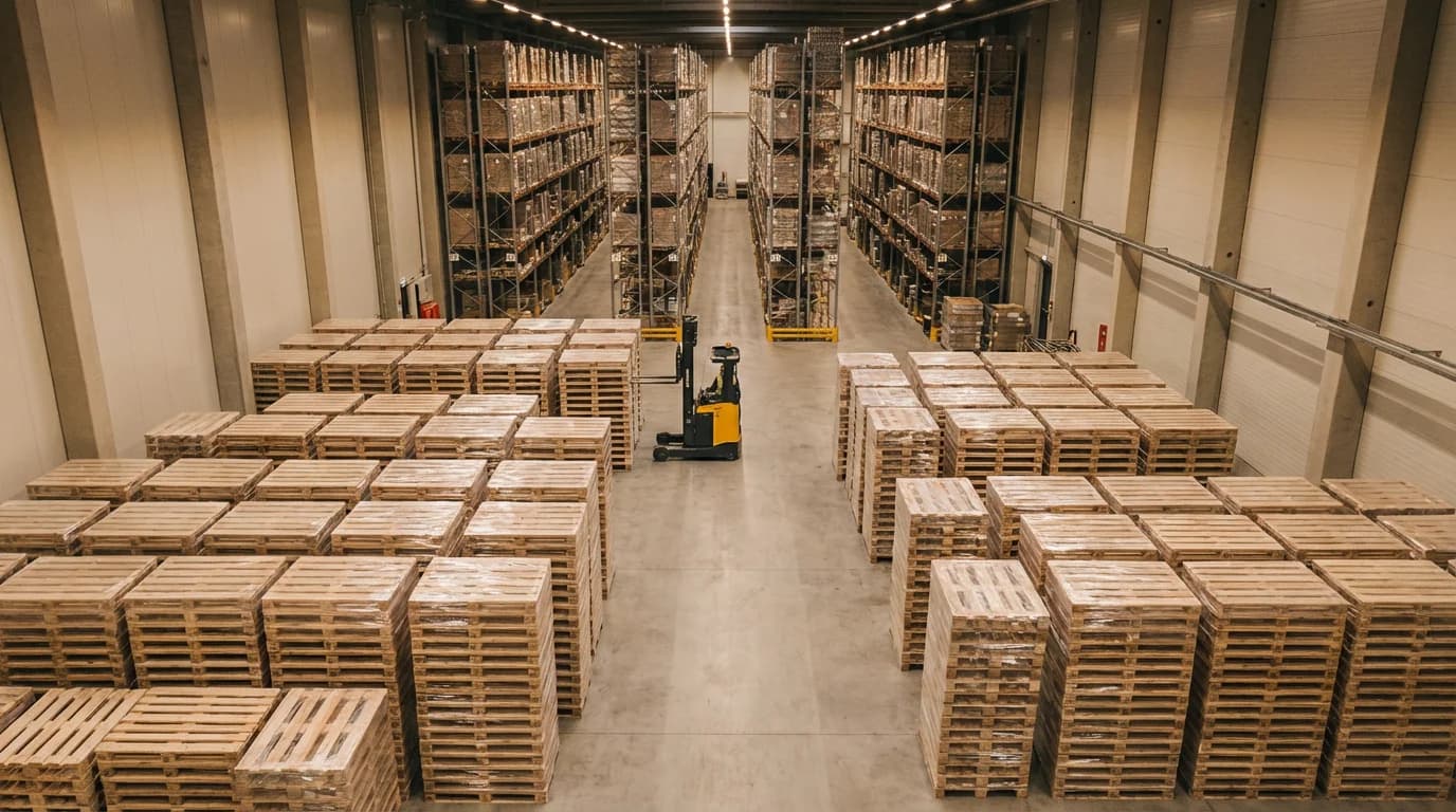 Freeze-dried fruit warehouse with organized pallets and forklift for B2B wholesale logistics