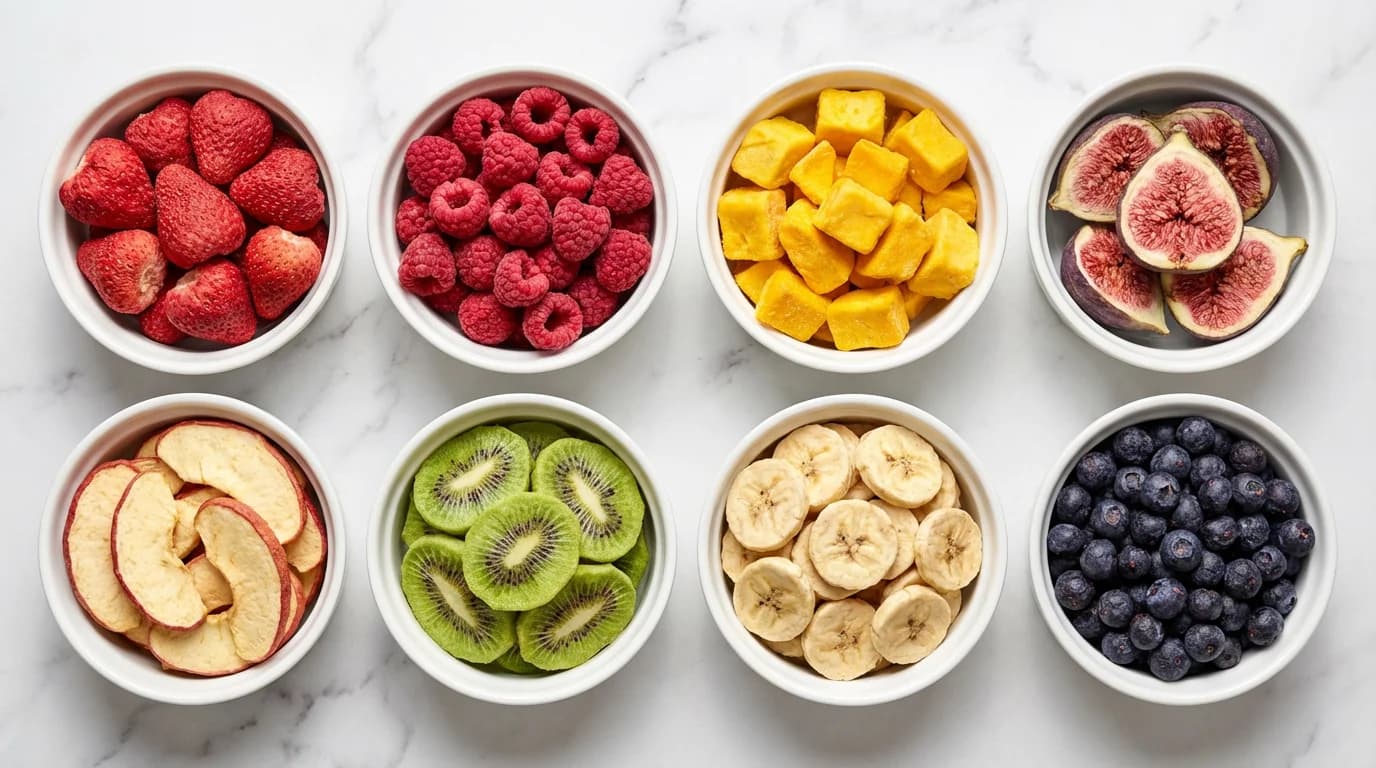 Bowls of premium freeze-dried fruits - strawberry, raspberry, mango, fig, apple, kiwi, banana, blueberry