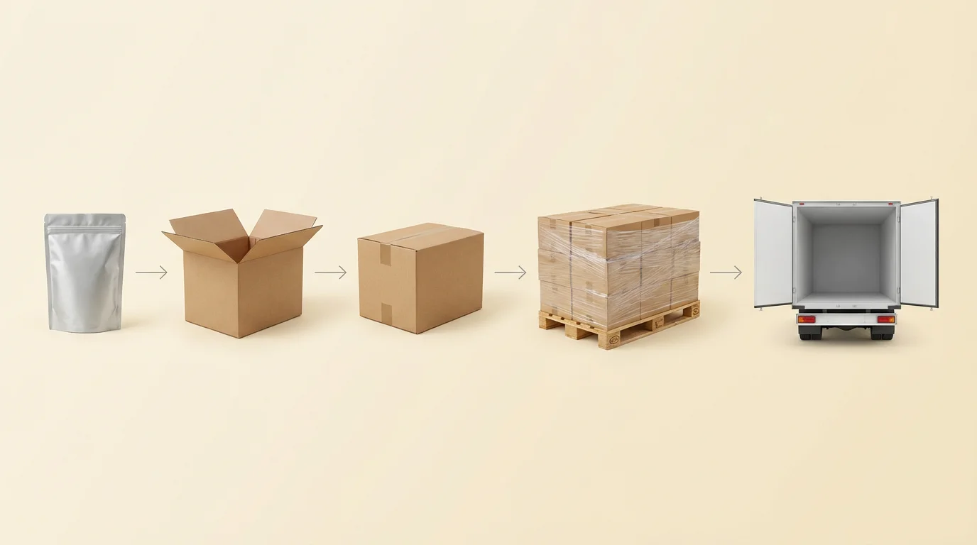 Order fulfillment flow: pouch to cardboard box, palletized and shipped by truck